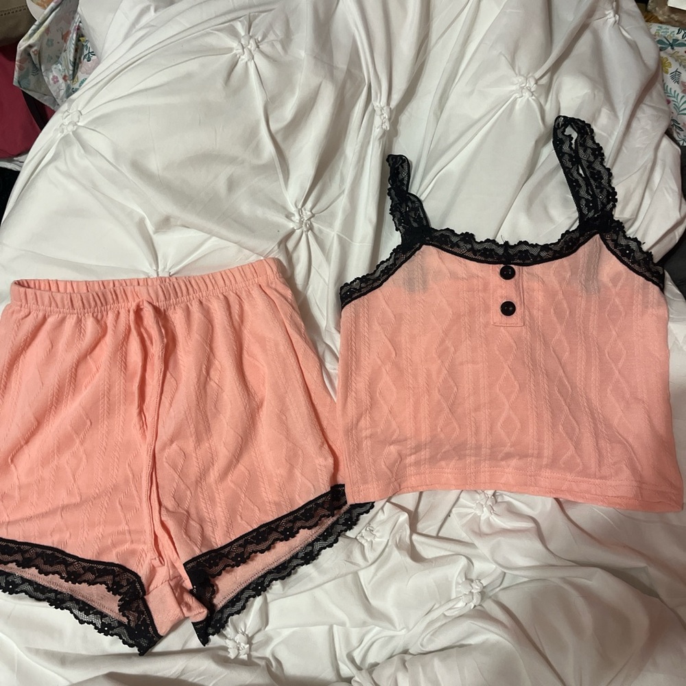 SHEIN Pink and Black Lace Pajama Set